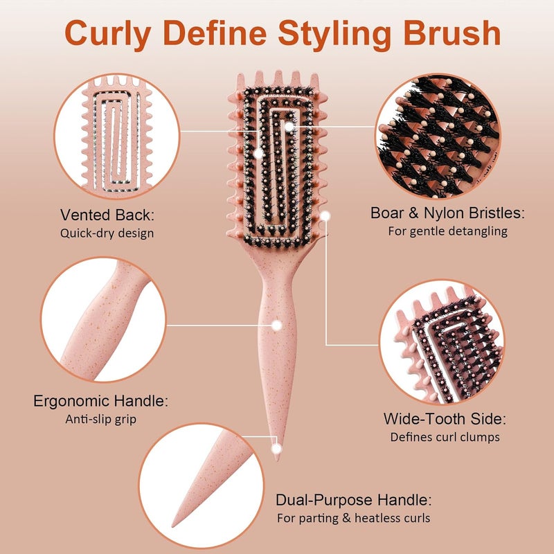 Weldilgit Curly Hair Brush, Curl Defining Brush with Soft Boar Bristles Detangling Tangled Glides, Wide-Teeth Design Effortlessly Shaping & Defining Curls, Curling Definer for Wet & Dry Hair (Beige) - Image 2
